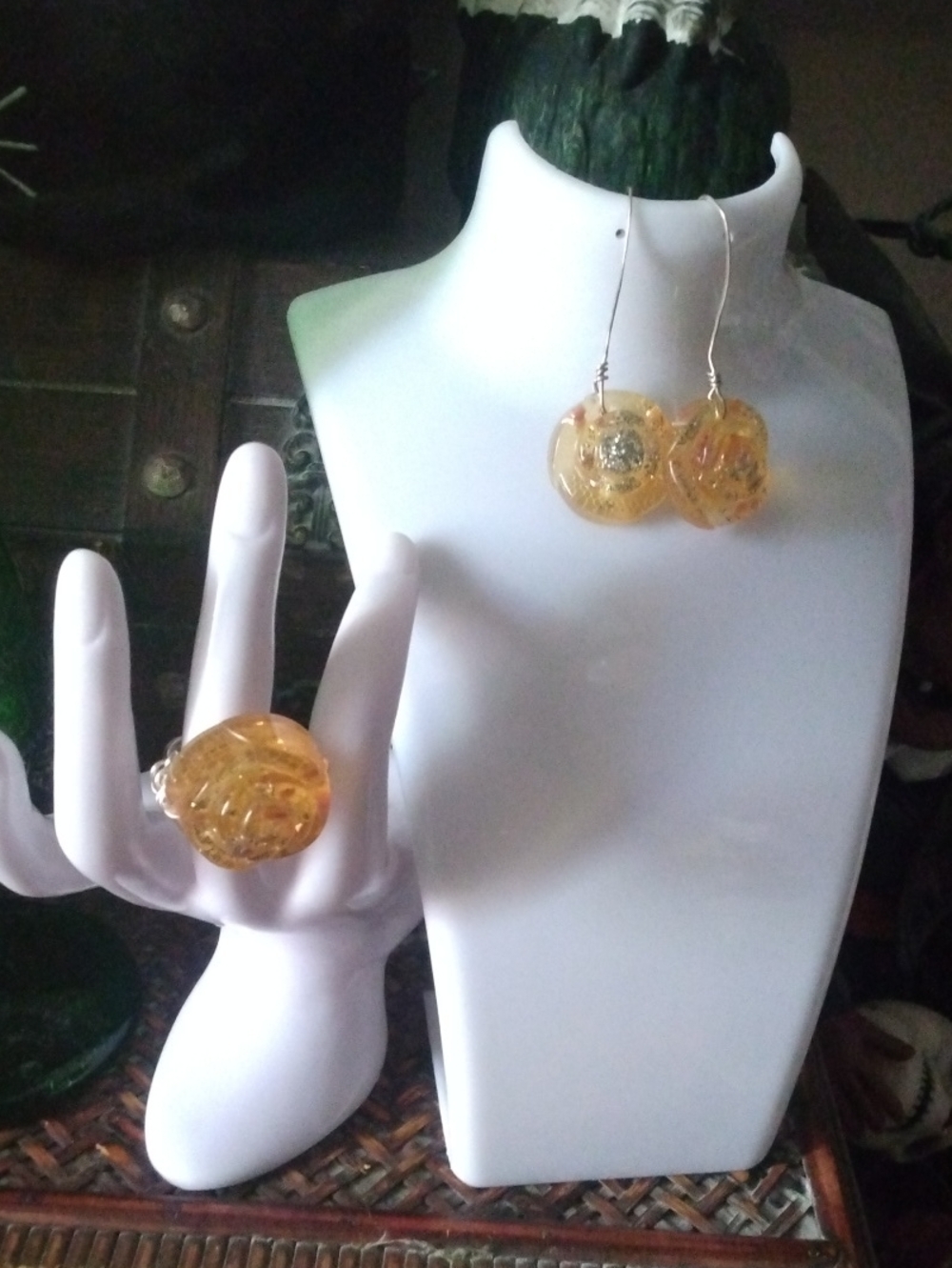 Handmade Amber acrylic Drop Earrings and Ring Set - Women Jewelry size 6